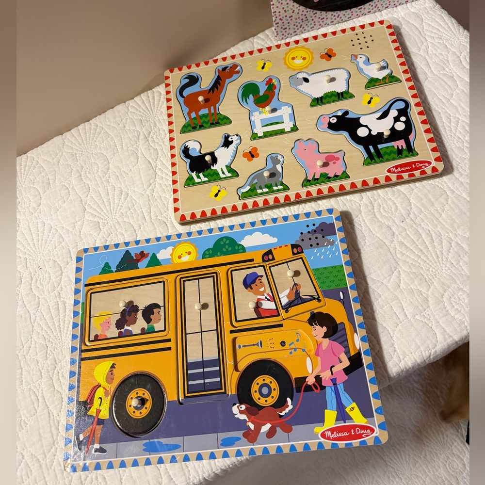 Melissa & Doug Colorful Farm and School Bus Puzzle Set
